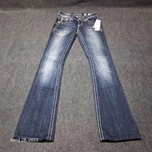MISS ME Jeans Women Size 24 Blue Signature Boot Cut Sequin Embroidered 32 Inseam - Picture 1 of 12