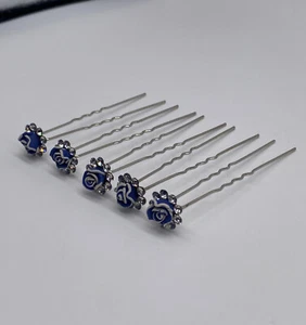 Vintage Set Of 5 Blue Rose Rhinestone Hair Pins Silver Tone - Picture 1 of 4