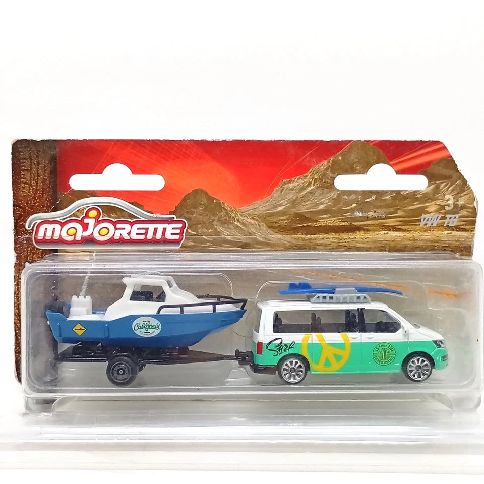 Majorette 大众 T6 Explorer 绿色/白色 + 船拖车 3 英寸包装 — 第 1/4 张图片