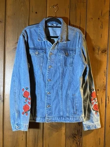 SHEIN Rose Sleeve Jean Jacket XL | Embroidered Floral Trucker Style Cottagecore - Picture 1 of 8