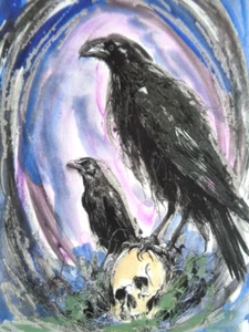 ACEO ATC - BLACK CROWS RAVENS BIRDS SKULL Watercolor Painting - Picture 1 of 1