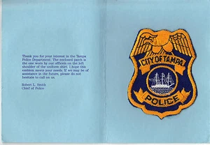 Tampa Police (Florida) shoulder patch on a Chief Smith Dept History Card 1982 - Picture 1 of 2