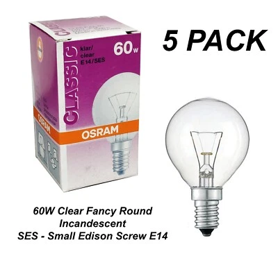 5 x 60W Clear Fancy Round Light Globes Bulbs Lamps E14 Small Screw Incandescent - Image 1 of 3