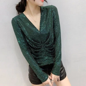 Femme Brillant Paillettes V-Nevk Chemise Ruché Chemisier Bas Haut Vêtement de - Picture 1 of 17
