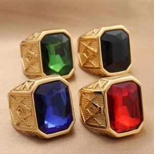 Classic Square CZ Stone Masonic Ring Stainless Steel Gold Plated Solid Back - Picture 1 of 18