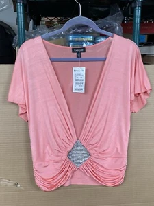 Vintage Bebe Low V Neck Shirred Top Shirt Blouse Honey Pink Size Medium NWT - Picture 1 of 20