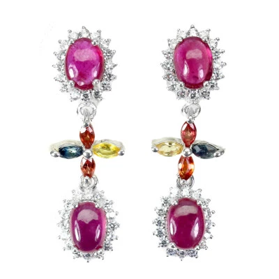 925 Sterling Silver Earrings Oval Ruby 7x5mm Sapphire Natural Gemstone Jewelry - Image 1 of 4