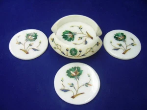 Marmo Tè Sottobicchieri Pietre Semi Preziose Floreale Inserto Arte Lavoro Decor - Foto 1 di 3