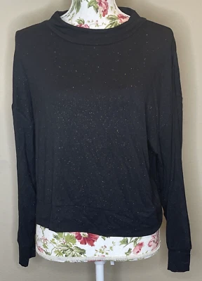 Chaser Womens Sz M Black Diamond Shimmer Glitter Jersey Boxy Split Sleeve Top - Image 1 of 4