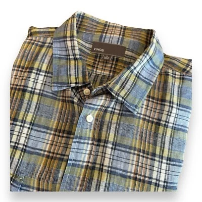 Camisa Vince Hombre 100% Lino Abotonada Talla XL Azul A Cuadros Manga Larga Foto 1 de 4