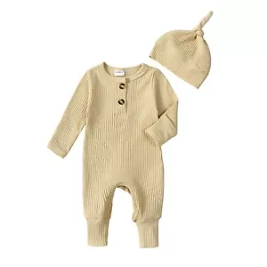 Neutral Newborn Baby Clothes Ribbed Knit One-piece Romper Jumpsuit & Hat - Picture 1 of 9