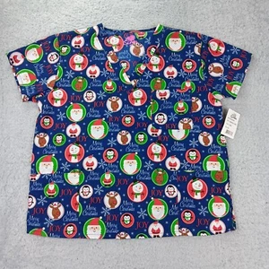 No Peeking Scrub Top Womens Extra Large Blue Merry Christmas V-Neck Medical - Picture 1 of 8