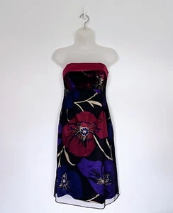 Coast Silk Dress Size 8 Floral Mesh Beaded Lined Black Strapless Midi Fit Flare - Picture 1 of 18