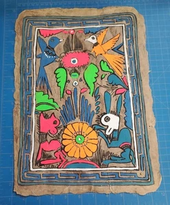 Vintage Mexikanische Volkskunst Amate Rinde Malerei Tiere & Vögel - Bild 1 von 2