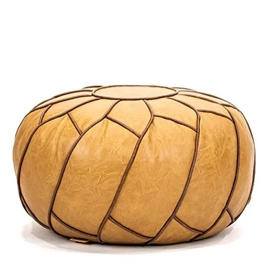  Faux Leather Pouf Unstuffed Ottoman Moroccan Footstool, Floor Round Camel - Image 1 of 4