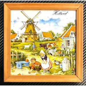Vintage Holland Dutch Farm Village Keramikfliese Untersetzer Holz Wandbild Windmühle - Bild 1 von 2