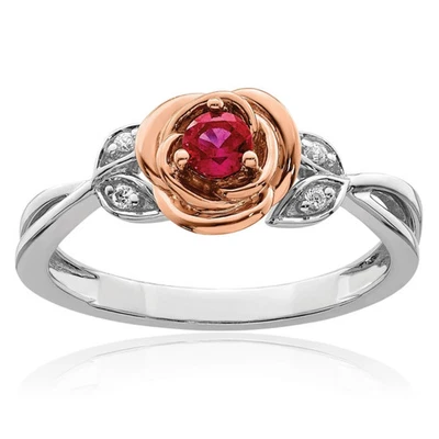 14K Solid Two Tone Gold Ruby Diamond Flower Ring - Image 1 of 4
