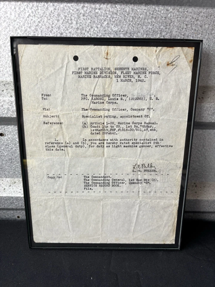 WW2 USMC Raro Chesty Extractor Documento Firmado 1942 Foto 1 de 1