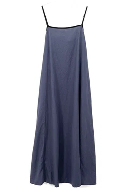 Maxi Vestido de Terciopelo Tímido Mezcla de Lino Talla M Bolsillos Minimalista Lagenlook Azul Foto 1 de 4
