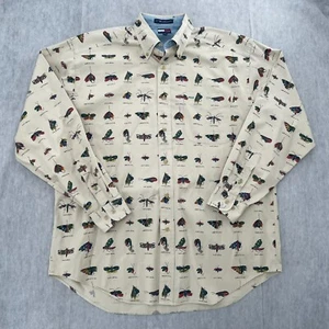 VINTAGE Tommy Hilfiger Shirt Adult Medium Beige Fly Fishing Long Sleeve Mens M - Picture 1 of 11