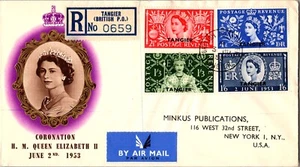 1953 England Tangier Queen Elizabeth 2 Coronation First Day Cover FDC QE2 to USA - Picture 1 of 2