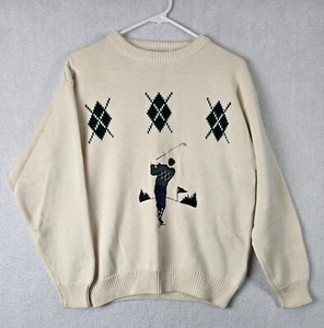 Izod Golf Sweater Knit Argyle Golfer Embroidery Medium 100% Cotton Crewneck - Picture 1 of 10