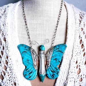 LEEKYA DEYUSE ZUNI Sterling Silver HUGE TURQUOISE Carved BUTTERFLY Necklace 21" - Picture 1 of 12