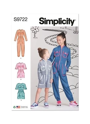 SIMPLICITY 9722 CHILDS GIRLS JUMPSUIT ROMPER DRESS Sewing Pattern Size 3-6 7-14 - Image 1 of 4