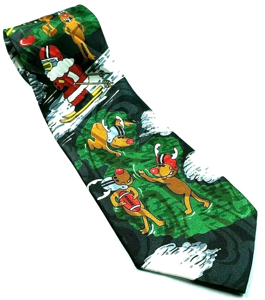 Santa Claus Skiing Reindeer Playing Football Christmas Tree Novelty Necktie - Image 1 of 4