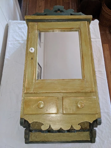Gorgeous Antique Painted Medicine Cabinet with Gingerbread Fretwork / new Mirror Cover