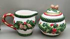 Christmas Holly Berries Creamer Pitcher & Lidded Sugar Bowl World Bazaar Ceramic