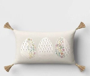 Patchwork Egg Lumbar Easter Throw Pillow with Jute Tassels Neutral 12x20 Spring - Picture 1 of 5