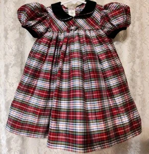 Strasburg Dress Sz 6 Mos 100% Silk Red & Green Plaid Holiday Velveteen Collar - Picture 1 of 11