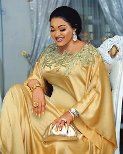 African Satin Kaftan Women's Luxury Dress Plus Size Robe Dashiki Nigerian Gowns - Picture 1 of 17