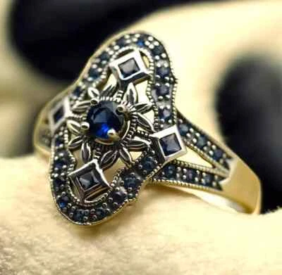 2.20Ct Round Simulated Sapphire Women's Art Deco Band Ring 14K White Gold Plated Foto 1 de 4