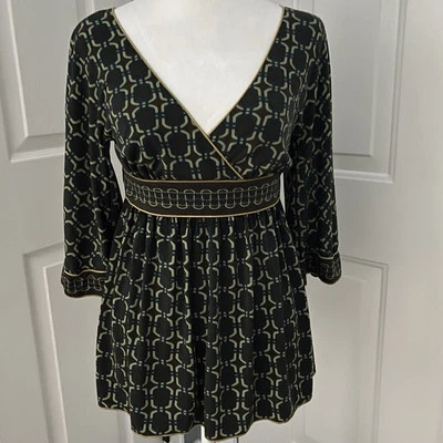 Babydoll Calzoncillo Top XS Marrón Verde Geométrico Imperio Cintura Y2K Poeta Boho Bruja Foto 1 de 4