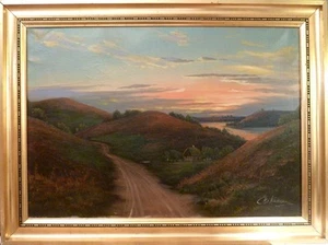 CHR. HANSEN! MOOR LANDSCAPE WITH COTTAGE NEAR THE LAKE AT SUNSET - Picture 1 of 5