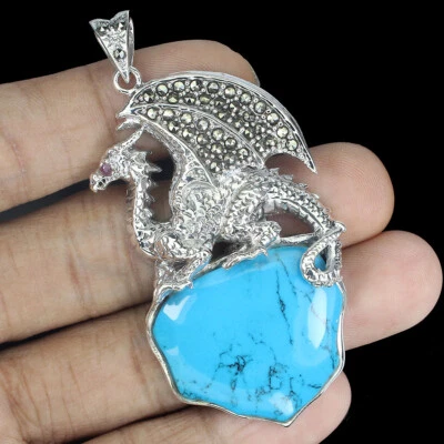 925 Sterling Silver Pendant Turquoise Stabilized Ruby Marcasite Dragon Gemstone - Image 1 of 4