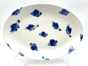 Crate and Barrel Fish Design Oval Platter Porcelain Blue and White 12.75" x 9" - Picture 1 of 7