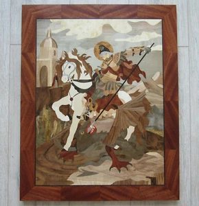St. Georg und der Drache religiöse Wanddekoration Intarsien Holzeinlage Holzikone - Bild 1 von 12
