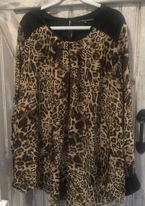 Leopard Animal Print Black Tan L/S Tunic Top Plus Blouse 3X - Picture 1 of 12