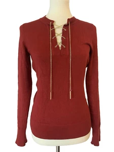 GUESS Womens Medium Evelia Gold Chain Lace Up Long Sleeve Red Sweater Top - Picture 1 of 6