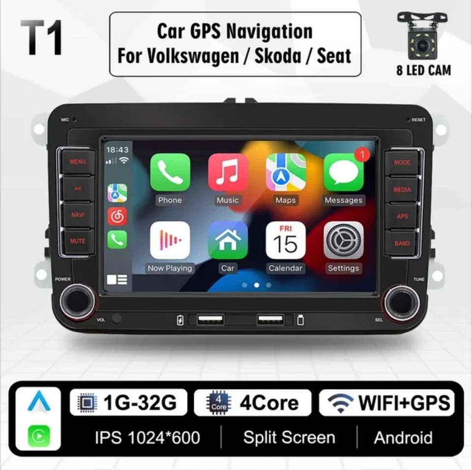 Autoradio Per  Golf 5 6  Polo Passat B6 B7 CC Skoda Jetta 1G+32GB CarPlay +Retro - Immagine 1 di 4