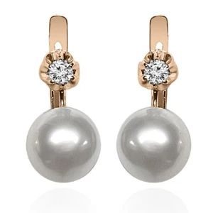 14k Solid Rose Gold Genuine Diamond and Pearl European Style Earrings #E1583 - Picture 1 of 6