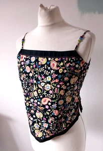 Y2K Vintage 90s 00s Strappy Handkerchief Cotton Crop Top Black Floral S Fit 6 8 - Picture 1 of 10