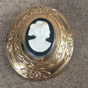 Vintage handgeschnitzte Kamee Frauenkopf, signiert Coro, Gold Anstecknadel Brosche - Bild 1 von 7