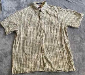 Vtg Tommy Hilfiger Shirt Mens M Beige 90s Plaid Button Up Short Sleeve symbols - Picture 1 of 6