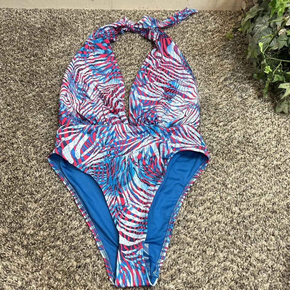 Victorias Secret One Piece Halter Neck Swimsuit Palms Floral Sz S Blue Gray New - Image 1 of 4