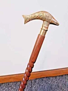 Antique Brass Wooden Walking Stick Fish Head Handle Nautical Designer Shaft Cane - Picture 1 of 11