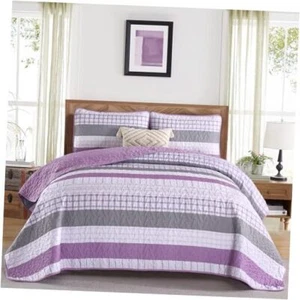 Striped Quilt Set Size Boho Bedspread Coverlet Set 3 Pieces King Purple - Picture 1 of 8